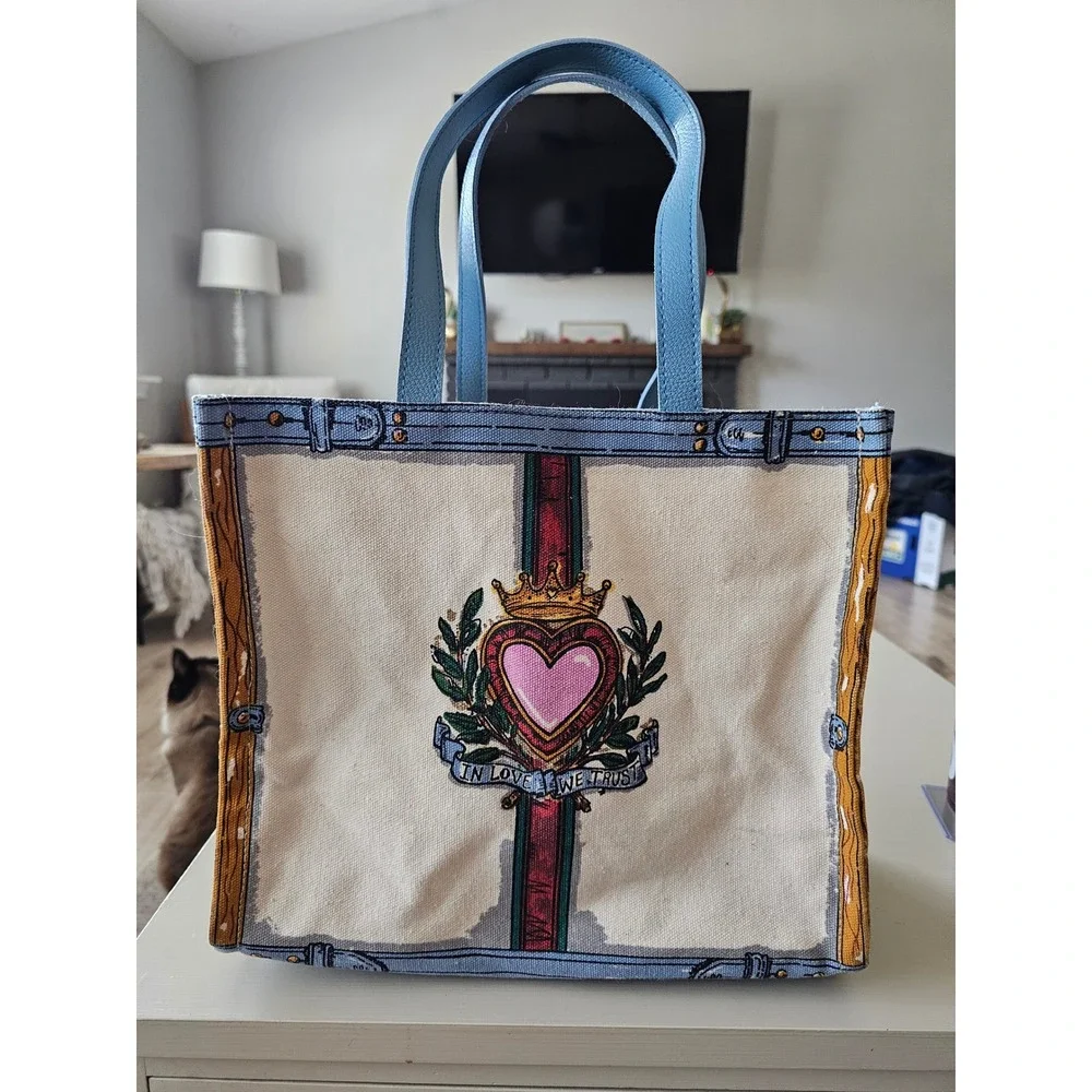 Brighton Canvas Tote Bag In Love We Trust Heart Dog Trunk Print Cream Shopper - Picture 1 of 11